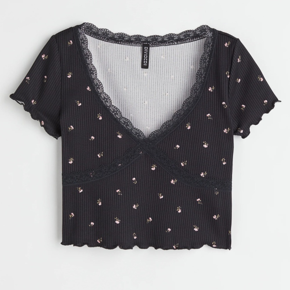 Lace Trimmed Floral Navy Ribbed Cropped  Shirt Y2K Baby Top Small 90’s